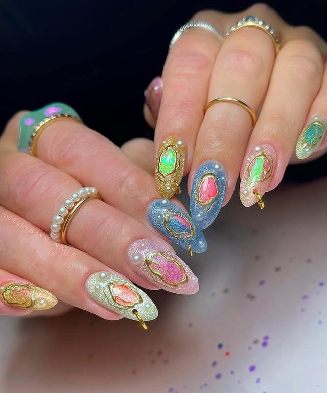 19. Graphic Heart Almond Nails in Pink and Red - groovy nail ideas