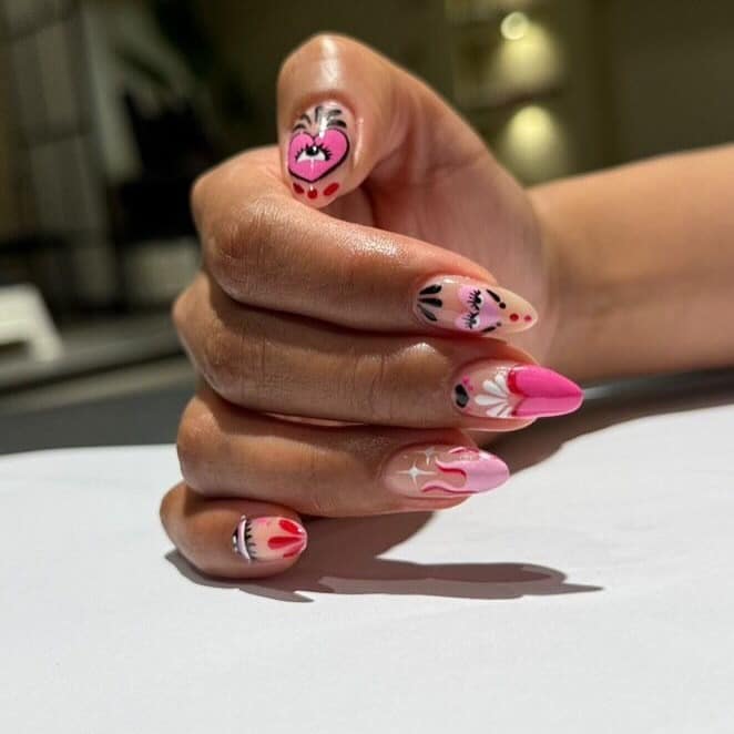 20. Retro Spiral Almond Nails in Cream, Teal, and Orange - groovy nail ideas