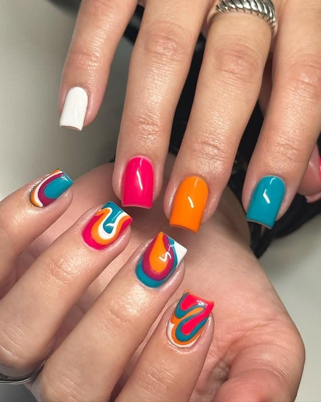 21. Retro Color Wave Square Nails in Teal, Orange, and Pink - groovy nail ideas