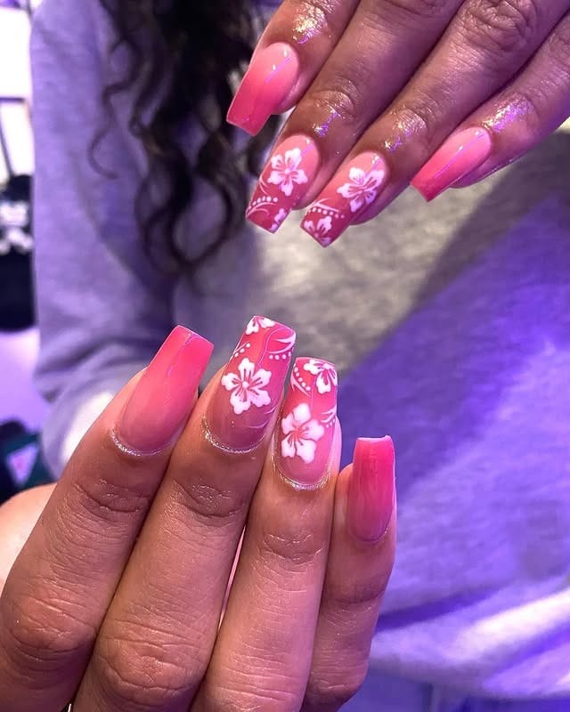 1. Pink Hibiscus French Fade - hawaiian flower nail ideas