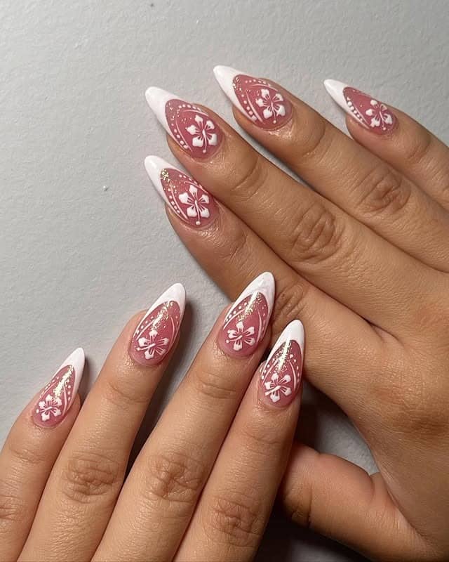 2. Mocha Blossom Almond Tips - hawaiian flower nail ideas