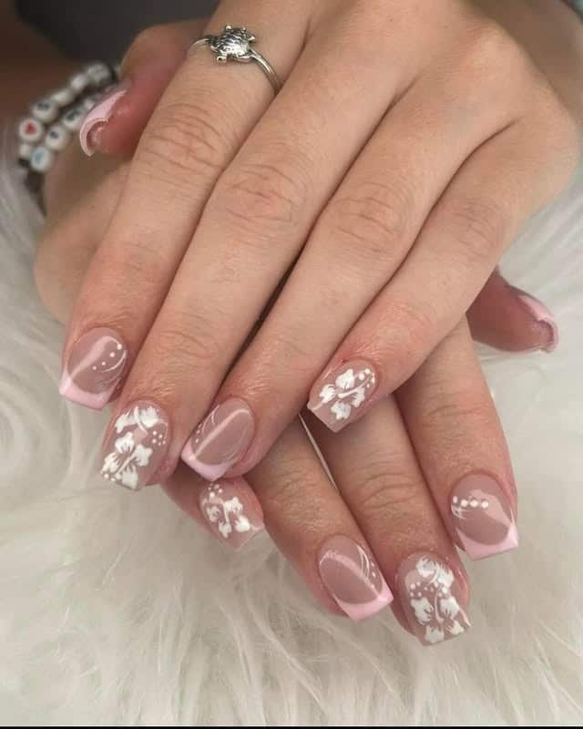 9. Blush Pink Floral Square Nails - hawaiian flower nail ideas