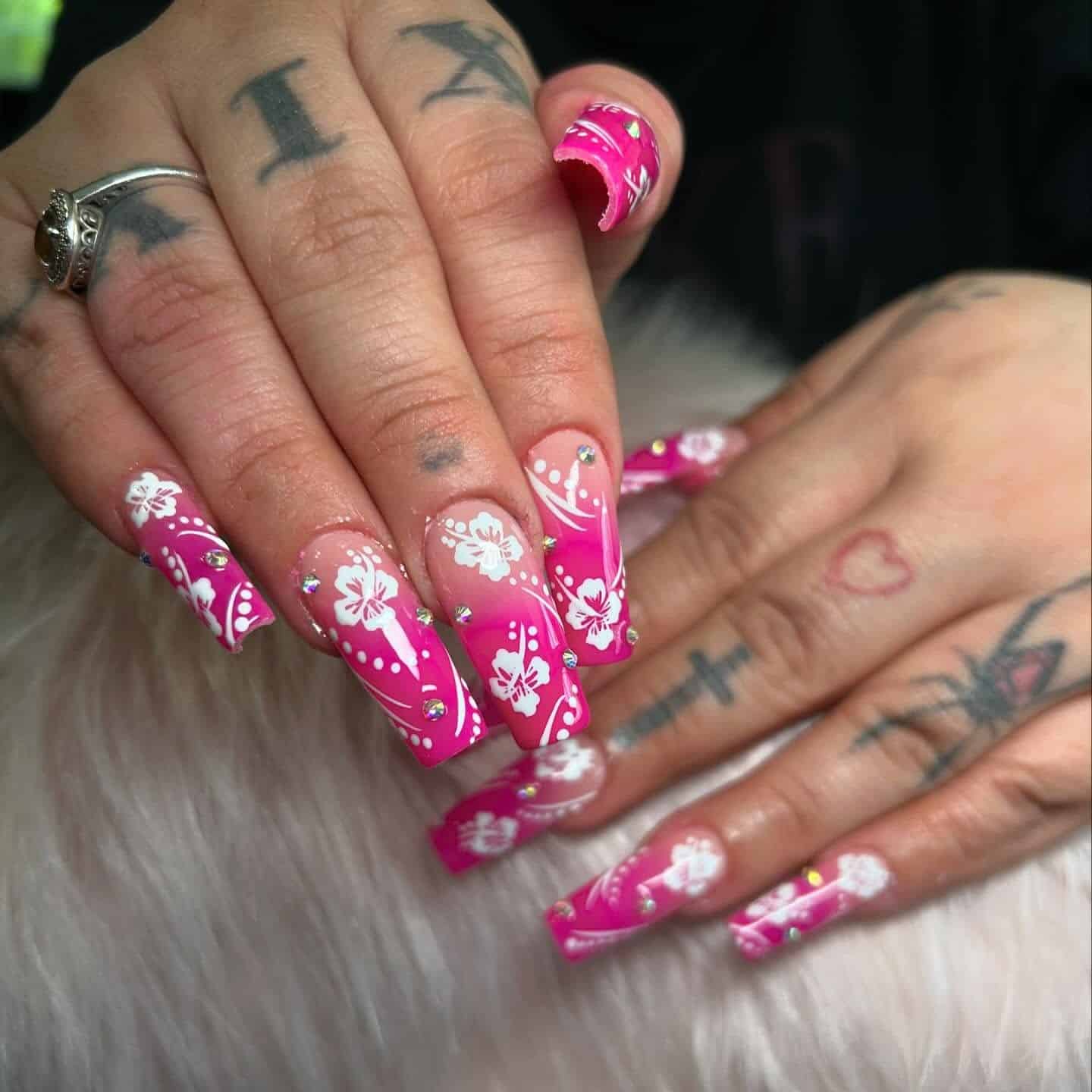 11. Fuchsia Hibiscus Crystal Coffins - hawaiian flower nail ideas