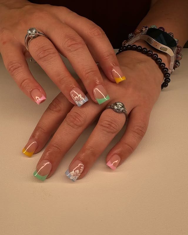 14. Pastel Island French Squares - hawaiian flower nail ideas