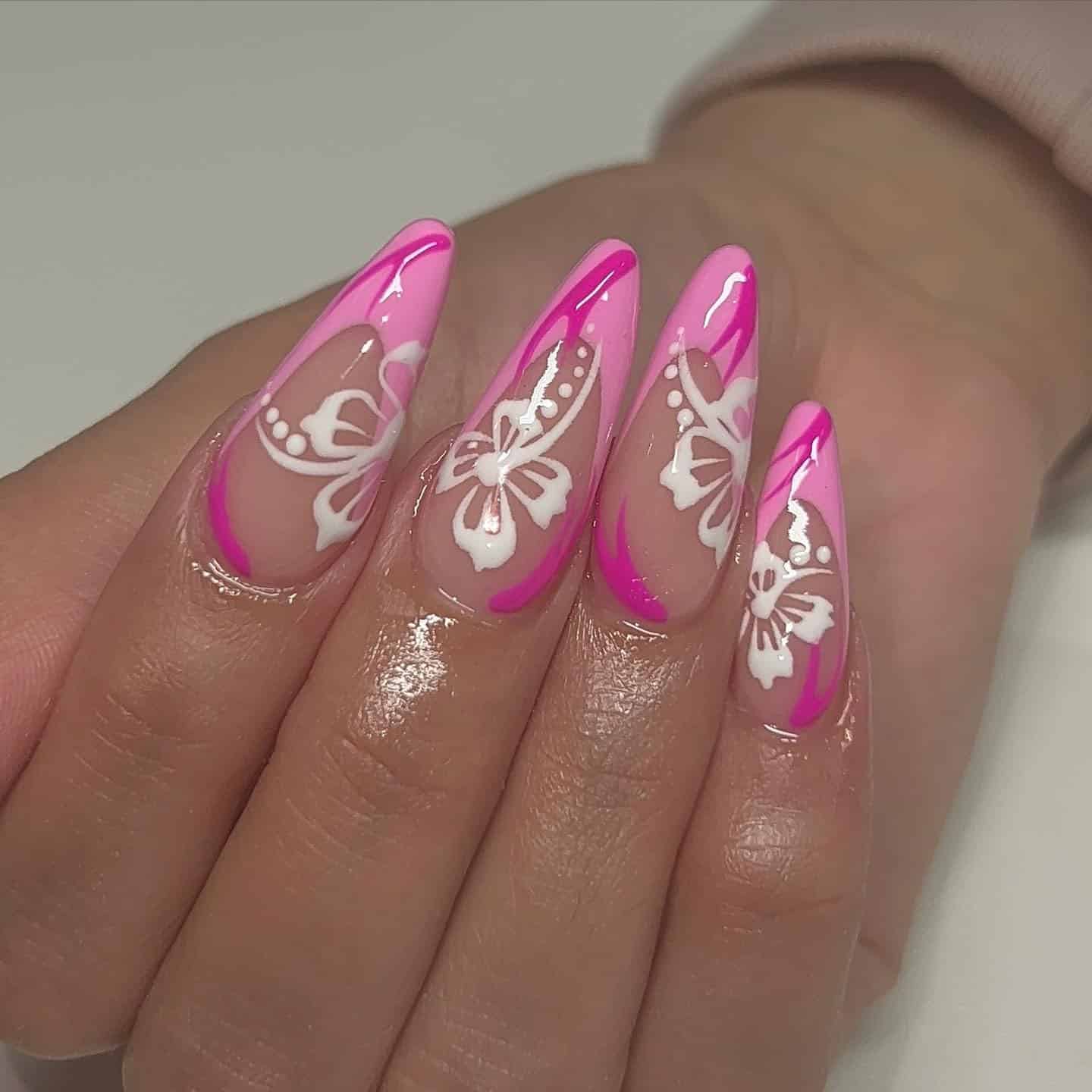 17. Neon Pink Floral Stiletto Nails - hawaiian flower nail ideas