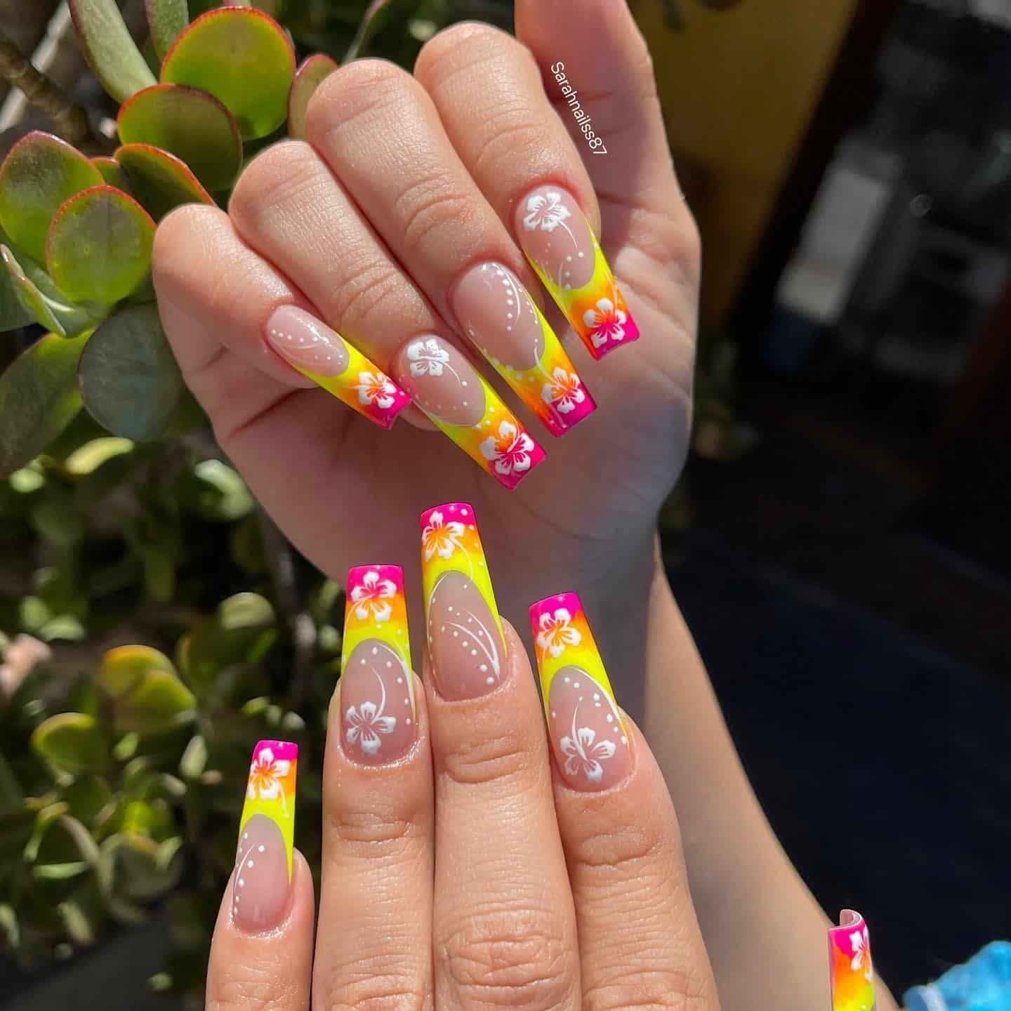 19. Sunset French Floral Coffins - hawaiian flower nail ideas