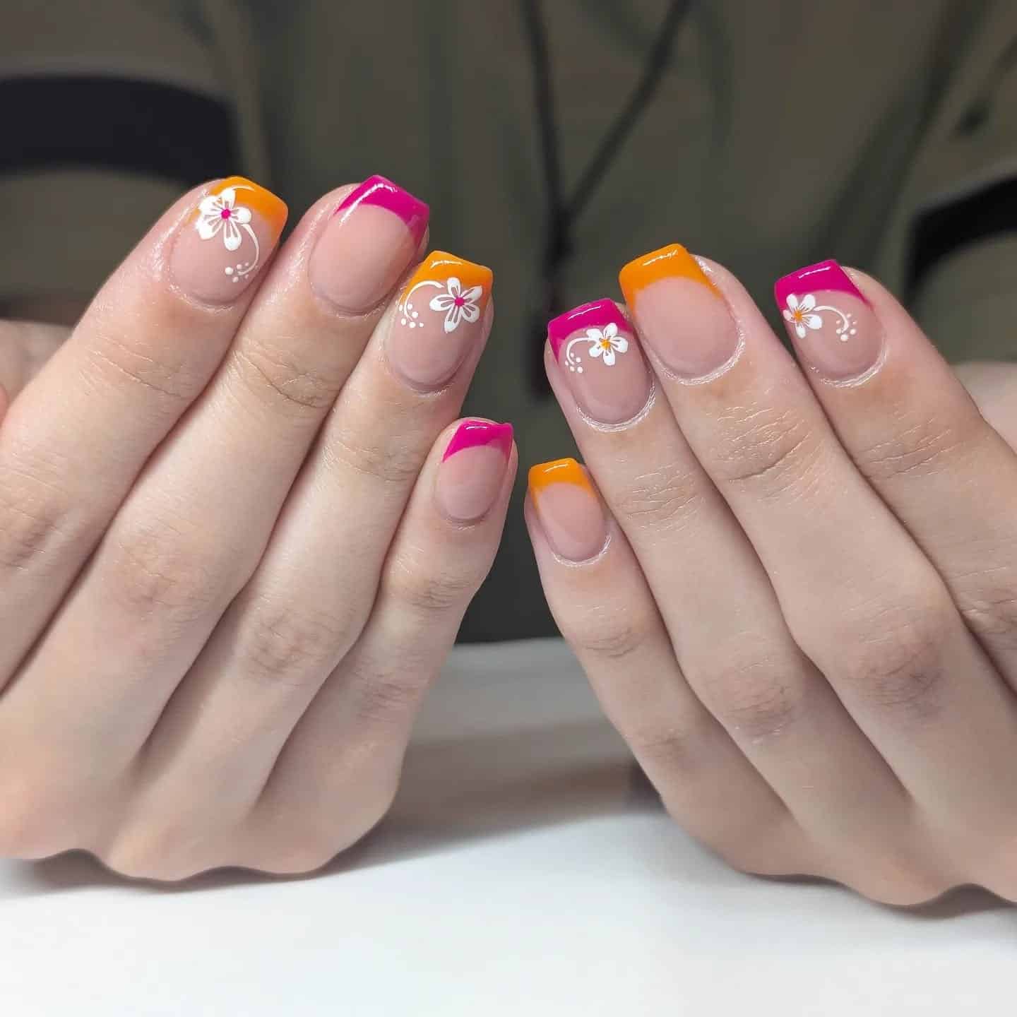 21. Pink and Orange Island French Tips - hawaiian flower nail ideas
