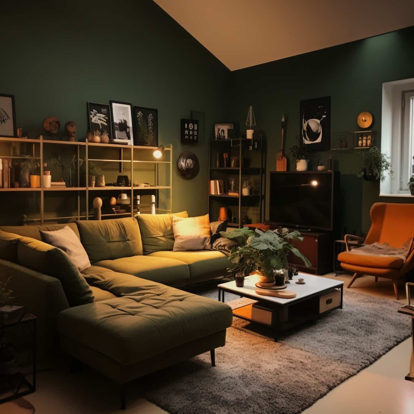5. Deep Green Shelves with Layered Lighting - living room shelf ideas
