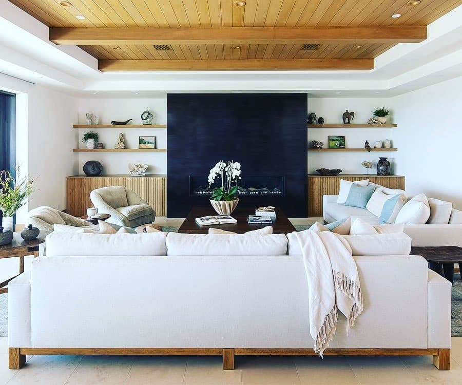 7. Natural Wood Shelves in a Contemporary Great Room - living room shelf ideas