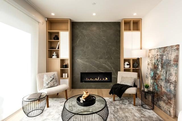 9. Fireplace Feature Wall with Integrated Shelves - living room shelf ideas