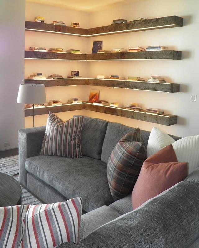 10. Floating Corner Shelves with Integrated Lighting - living room shelf ideas