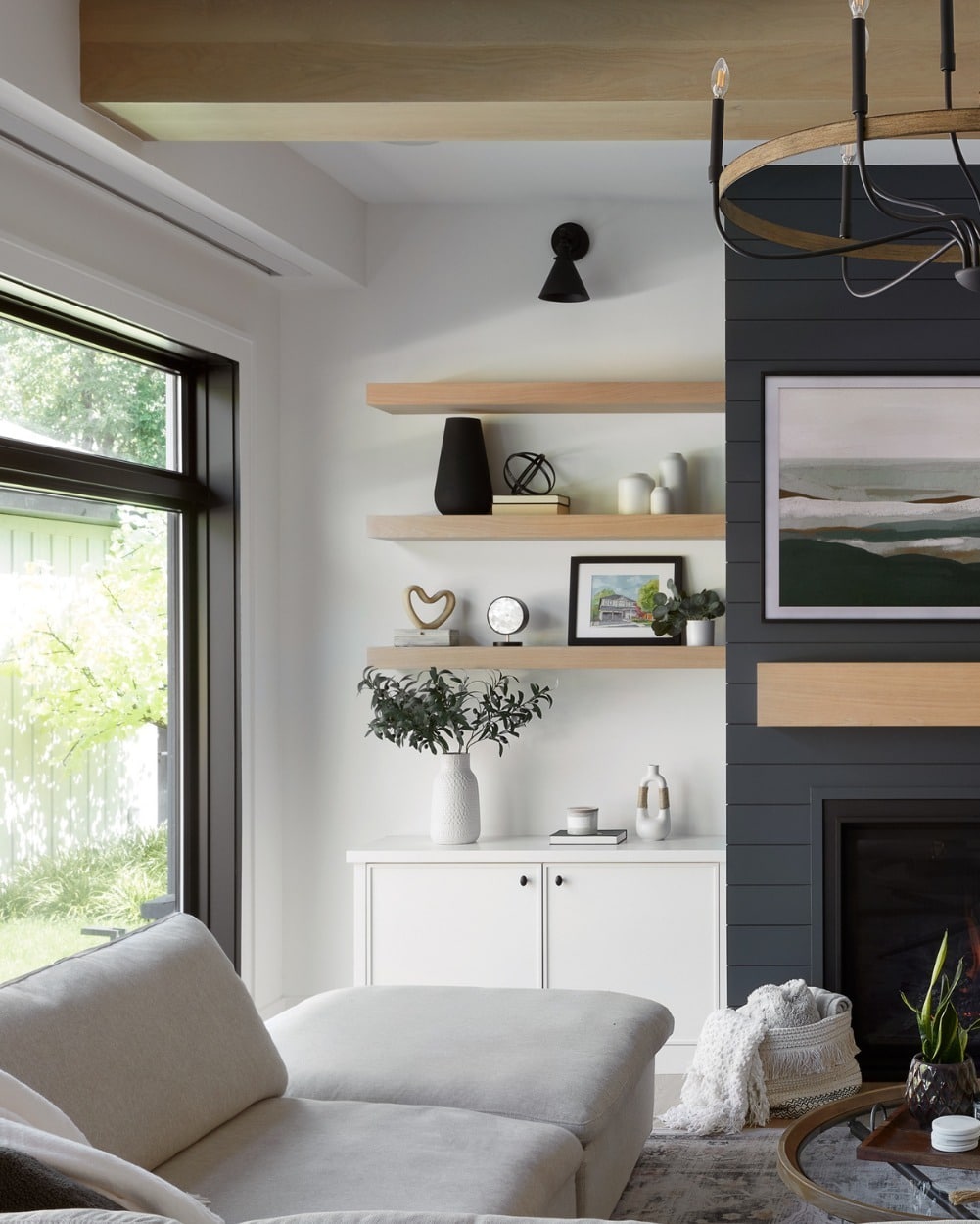 11. Modern Floating Shelves in Soft White and Natural Wood - living room shelf ideas