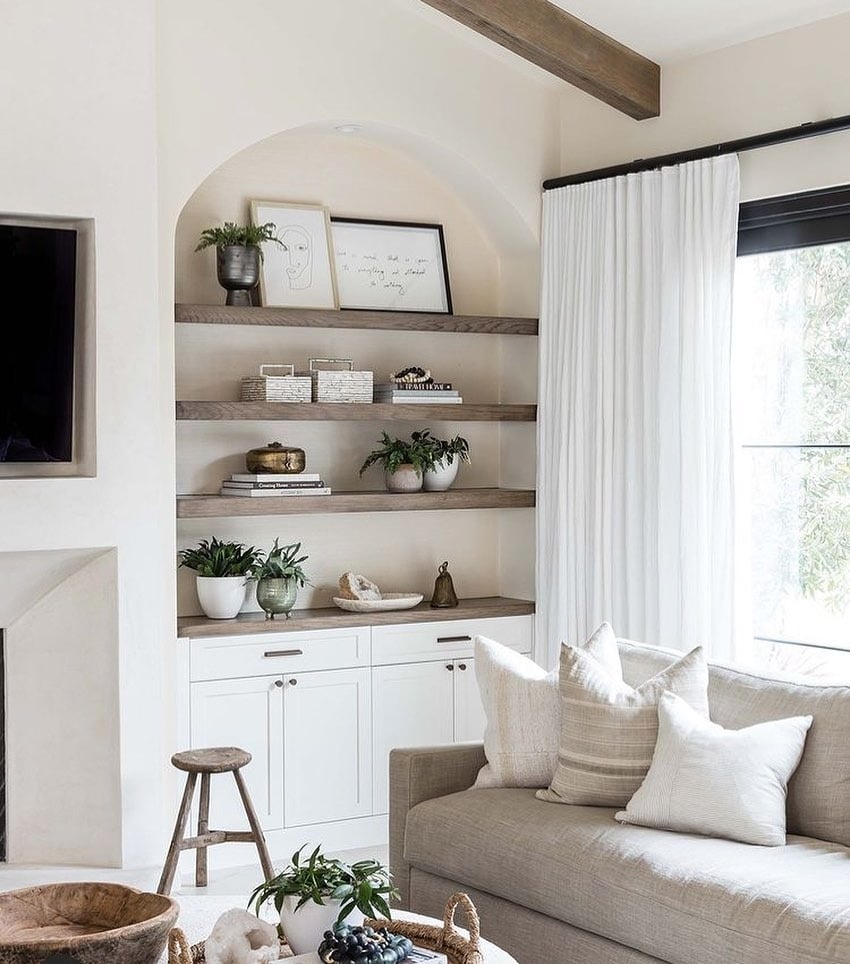 13. Neutral Alcove Shelving with Warm Wood Tones - living room shelf ideas
