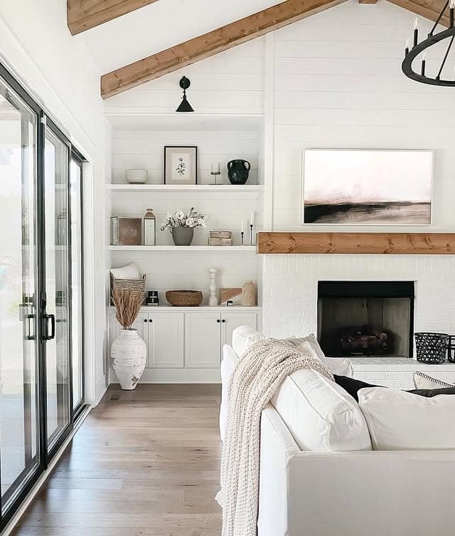 20. Bright Built-In Shelves with White Shiplap and Natural Wood - living room shelf ideas