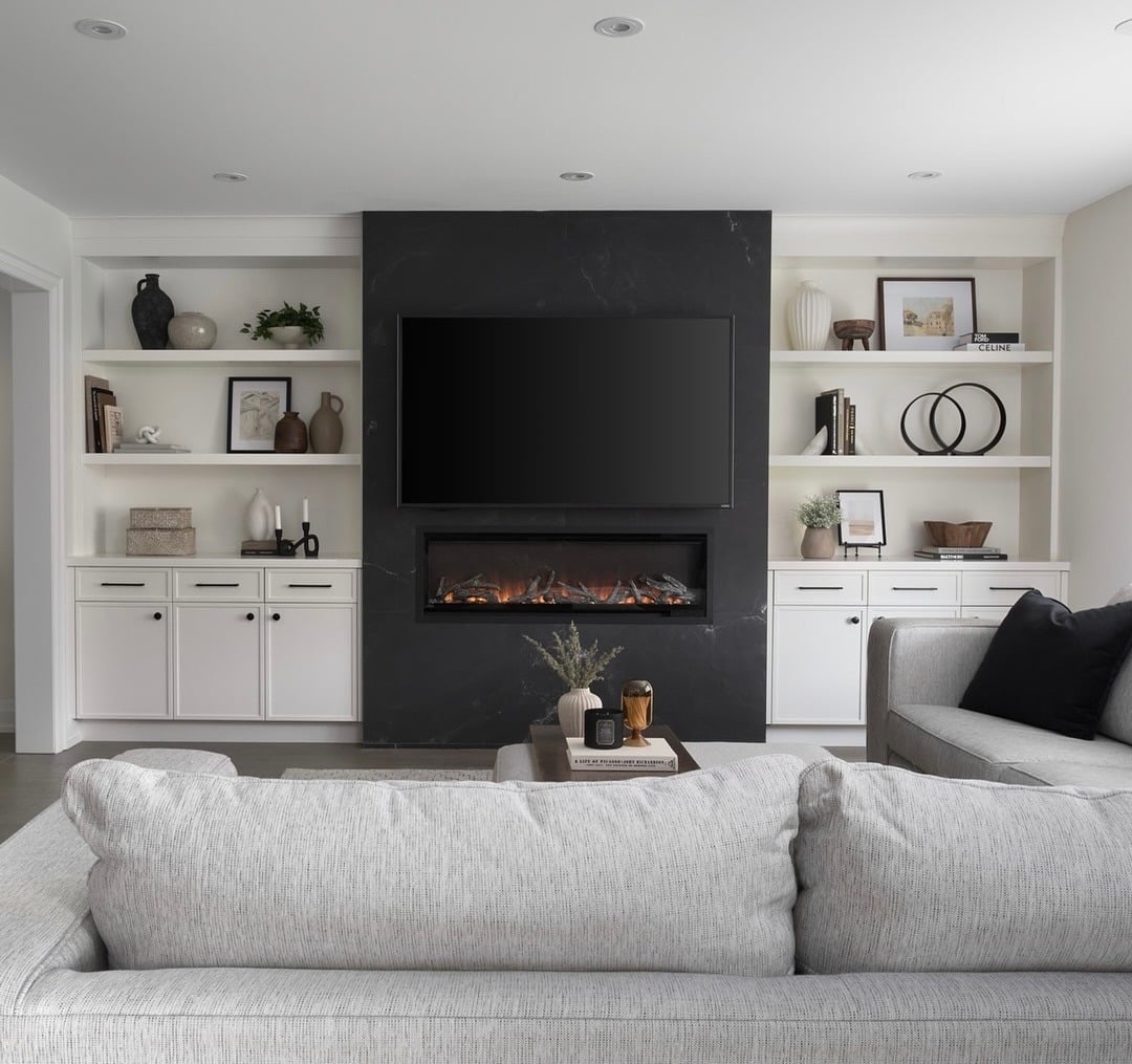 22. Modern Built-In Shelves with White Cabinetry and Charcoal Stone - living room shelf ideas