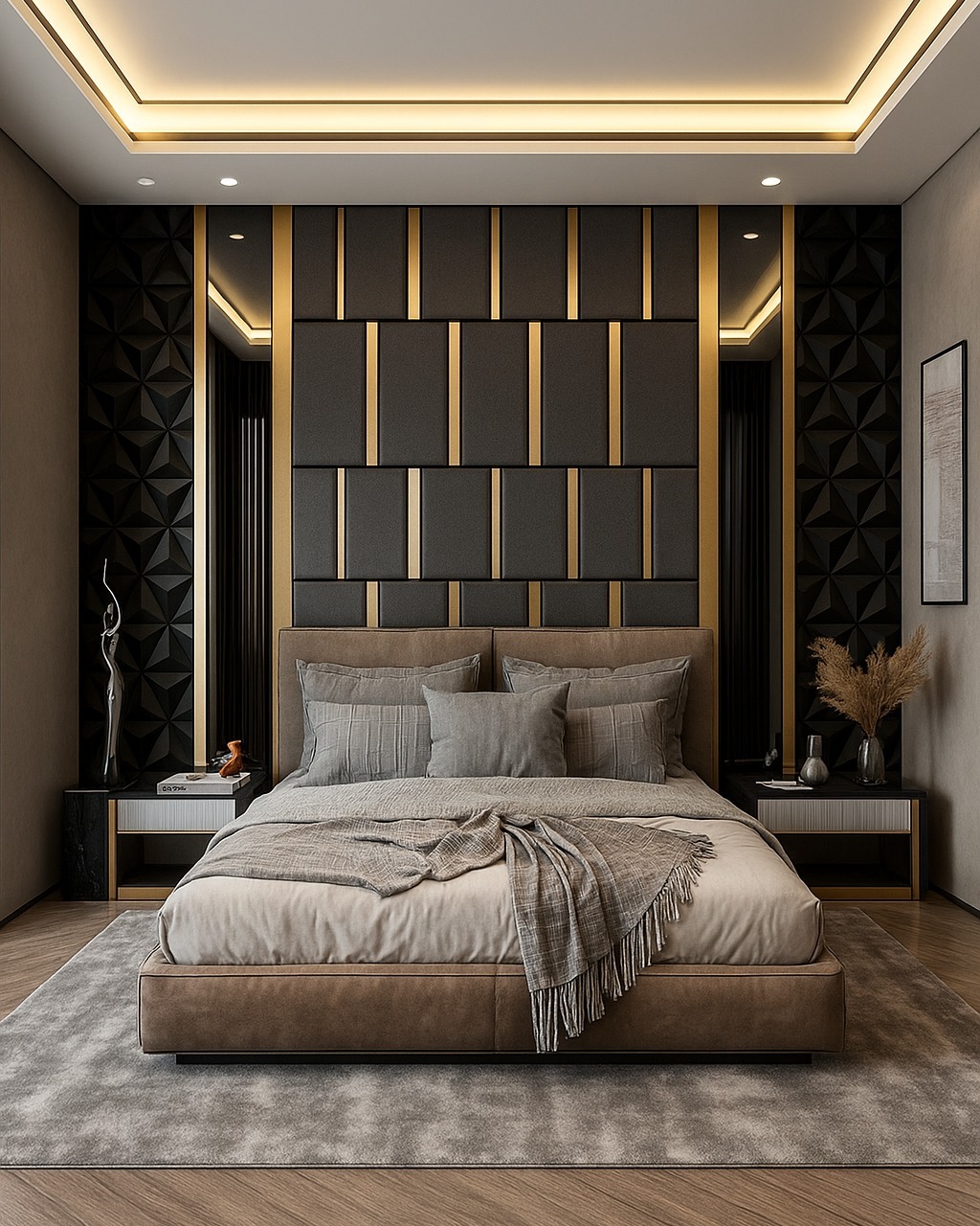 9. Architectural Drama in Black, Gold, and Taupe - dream bedroom ideas