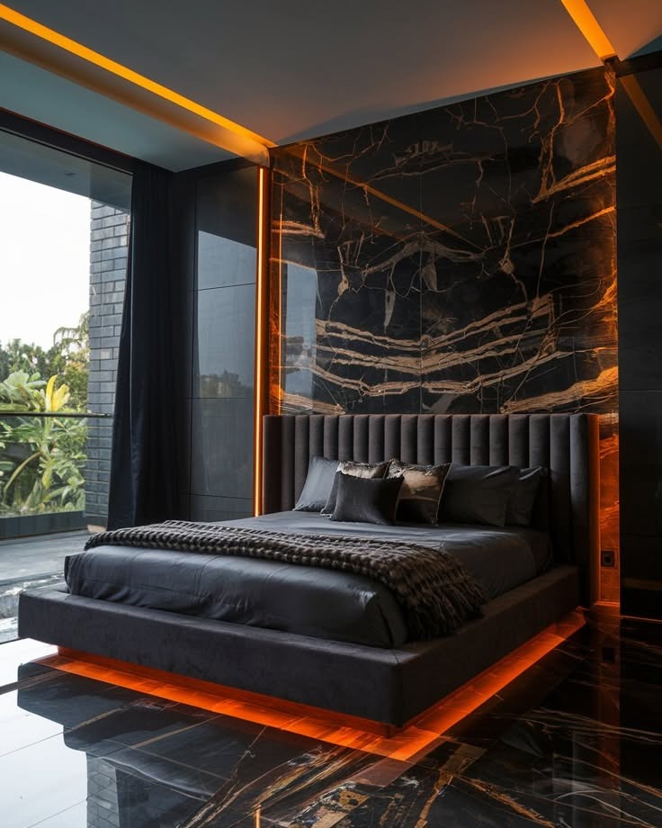 12. Modern Drama in Black, Charcoal, and Amber - dream bedroom ideas