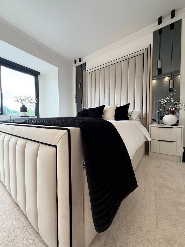 17. Tailored Luxury in Cream and Black Accents - dream bedroom ideas