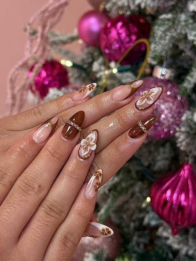 11. Light Brown Almond Nails with Floral Art - light brown nail ideas
