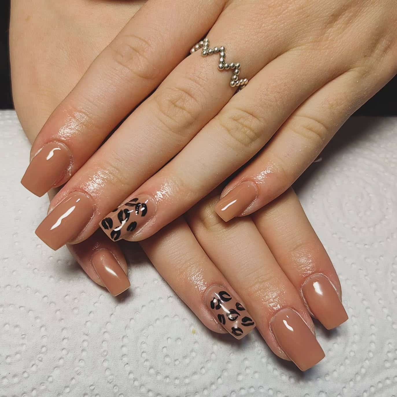 14. Light Brown Square Nails with Leopard Accent - light brown nail ideas