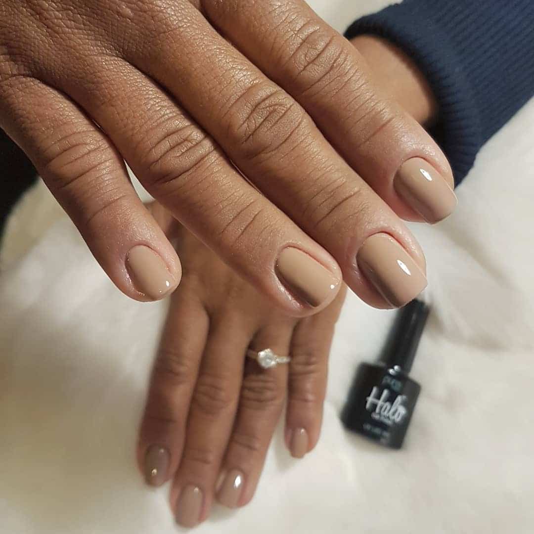 16. Beige Brown Short Round Nails - light brown nail ideas