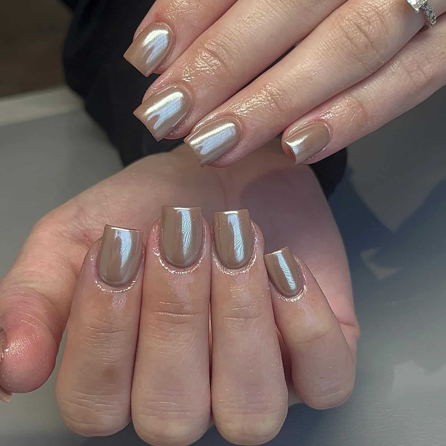 21. Light Brown Chrome Square Nails - light brown nail ideas