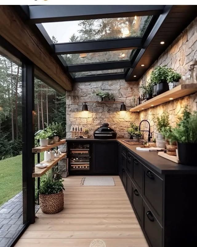 1. Modern Forest Retreat with Charcoal and Natural Wood - rustic outdoor kitchen ideas