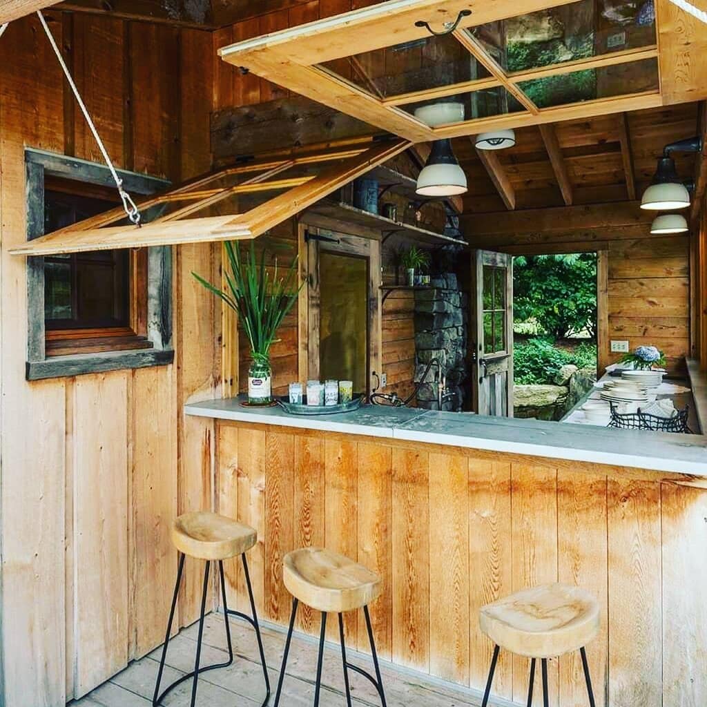2. Warm Cabin Bar Kitchen in Honey Oak and Soft White - rustic outdoor kitchen ideas