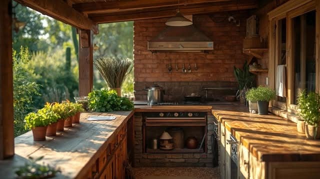8. Brick and Timber Outdoor Kitchen in Warm Red and Natural Wood - rustic outdoor kitchen ideas