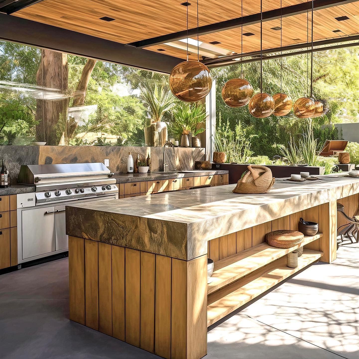 10. High-End Rustic Kitchen with Blonde Wood and Natural Stone - rustic outdoor kitchen ideas