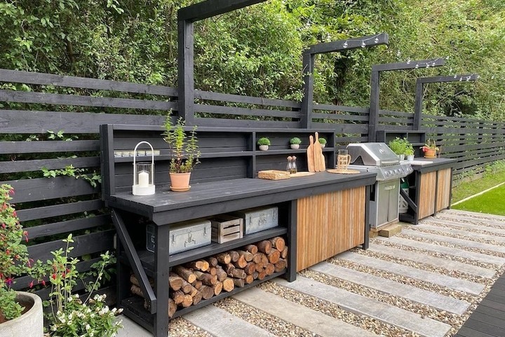 16. Linear Backyard Kitchen in Black, Oak, and Soft Gray - rustic outdoor kitchen ideas