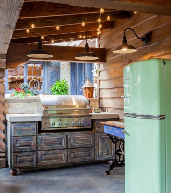 17. Vintage-Inspired Rustic Kitchen with Weathered Wood and Mint Green - rustic outdoor kitchen ideas