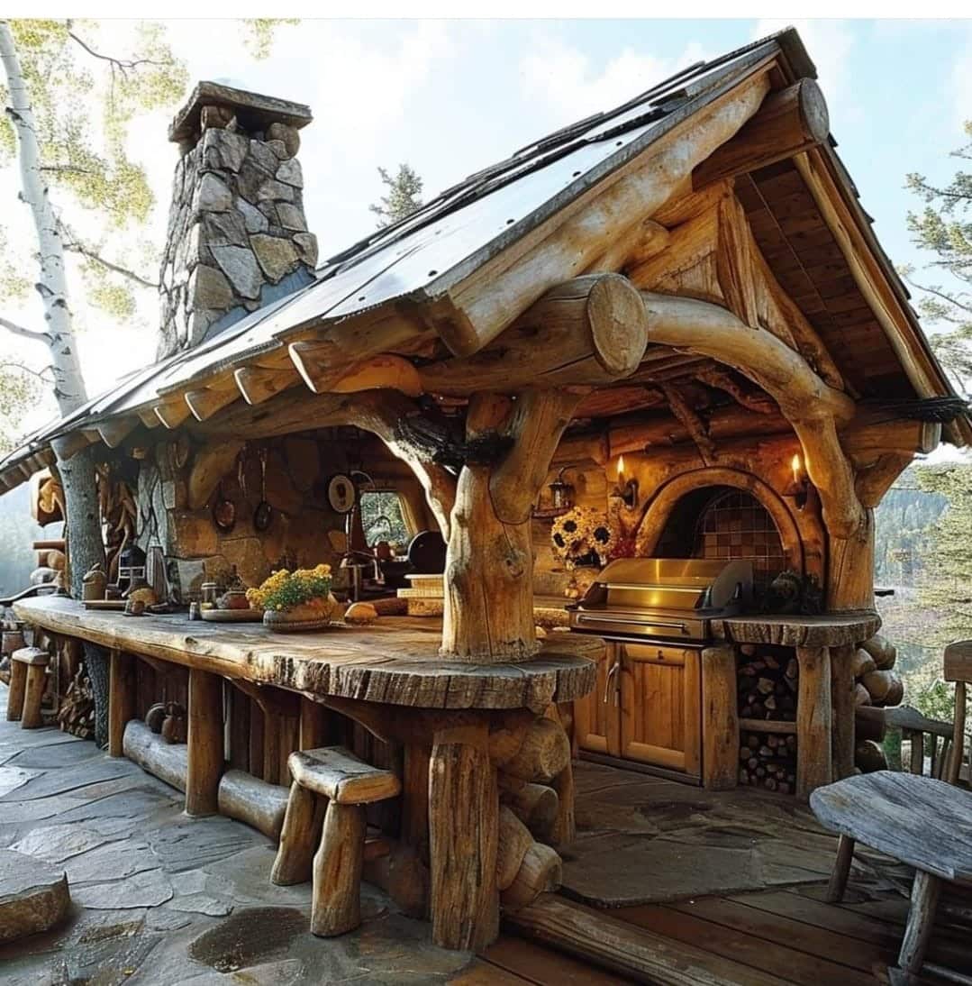 19. Log Cabin Outdoor Kitchen in Deep Wood and Earth Brown - rustic outdoor kitchen ideas