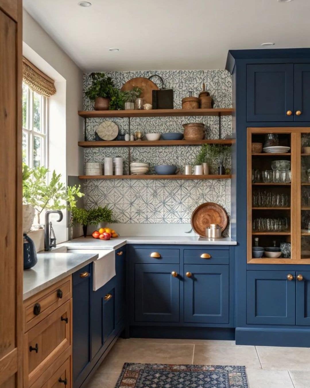 2. Indigo Shaker Kitchen with Patterned Tile Detail - moody kitchen ideas