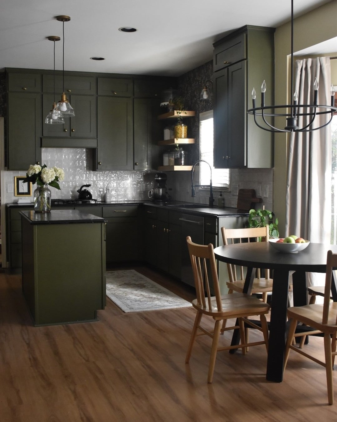 4. Olive Green Kitchen with Soft Vintage Influence - moody kitchen ideas