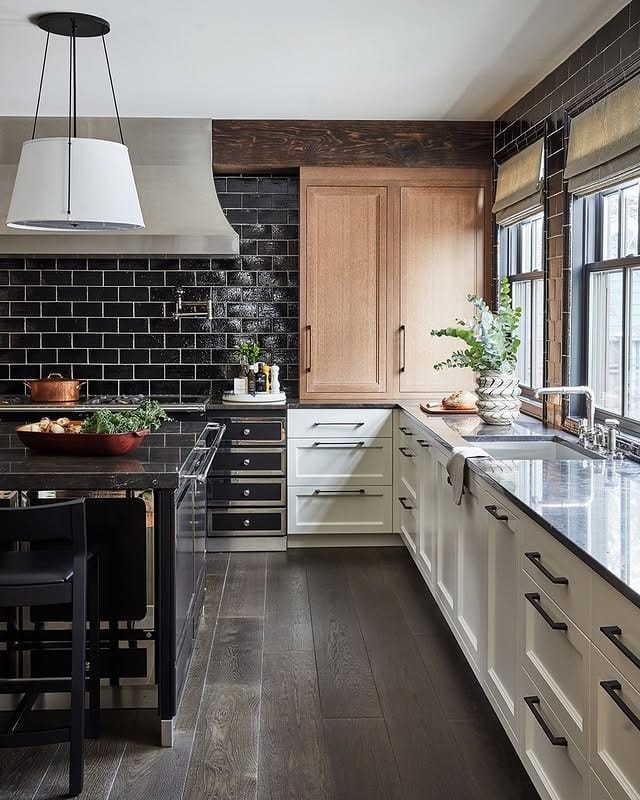8. Black and White Kitchen with Graphic Tile - moody kitchen ideas