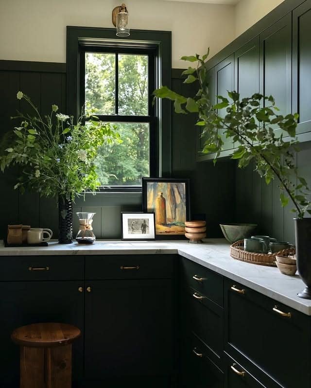 12. Forest Green Kitchen with Organic Styling - moody kitchen ideas