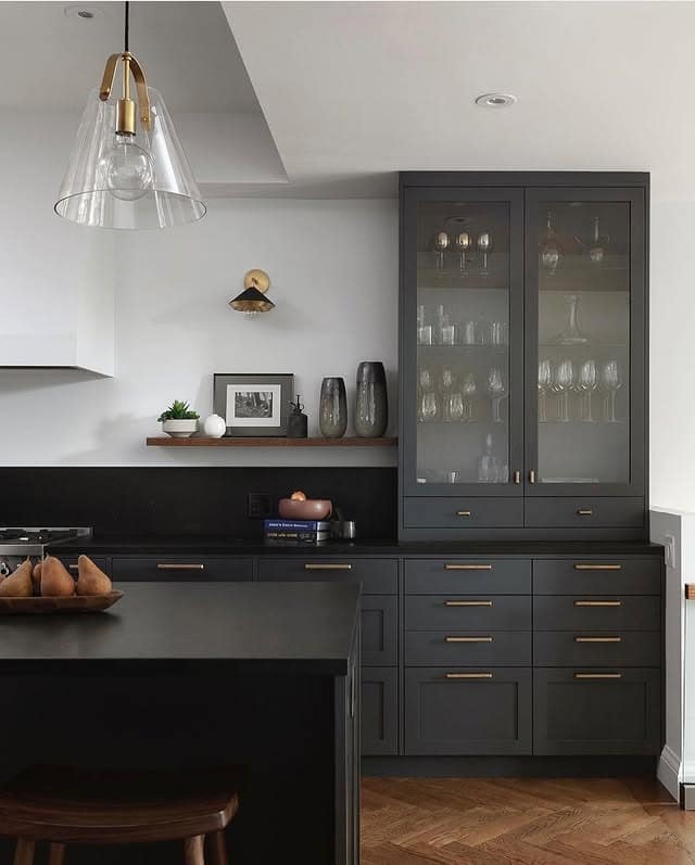18. Modern Charcoal Kitchen with Glass Cabinetry - moody kitchen ideas