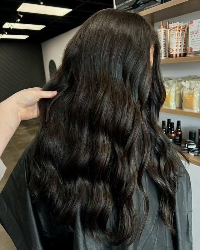3. Long Layered Waves with Espresso Brown Finish - Dark Brown Hair Color