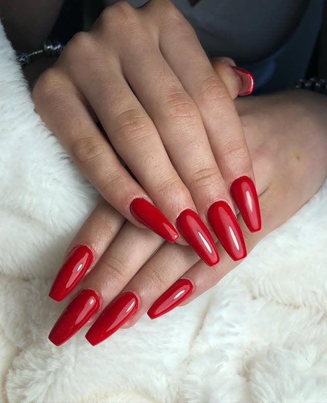 14. Long Red Coffin Nails with High Shine - long red nail ideas