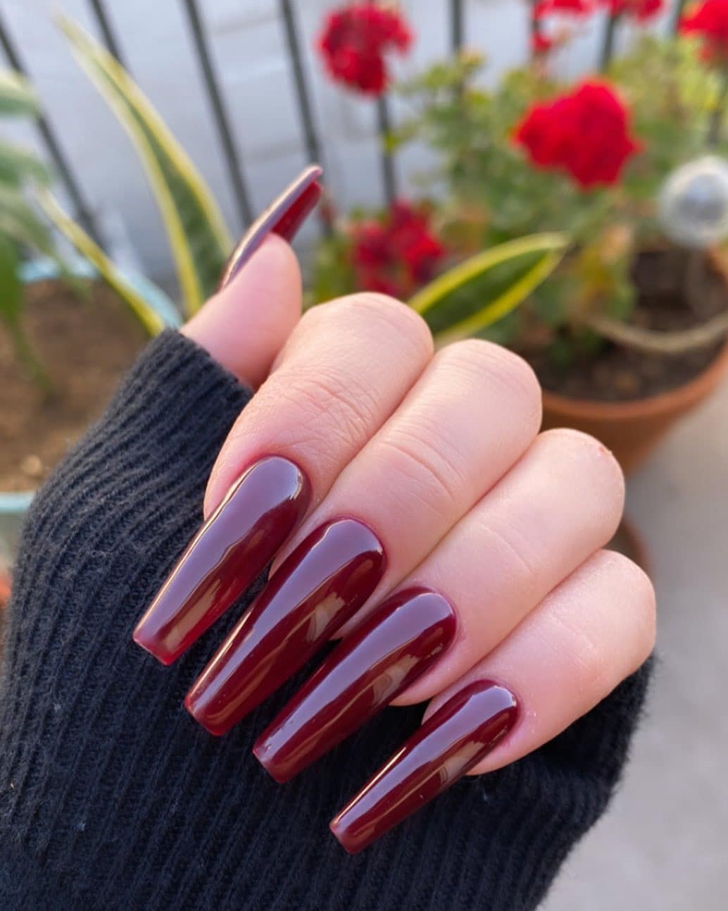 17. Burgundy Coffin Nails with Mirror Gloss - long red nail ideas