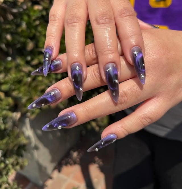 1. Galaxy Chrome Stiletto Nails in Midnight Purple - love nail ideas