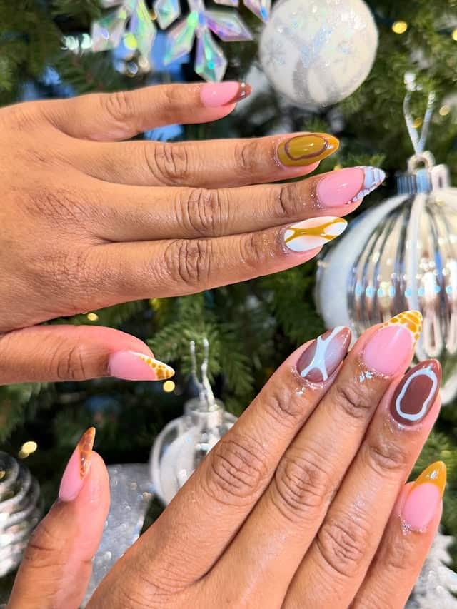 3. Abstract Almond Nails in Blush, White, and Mustard - love nail ideas