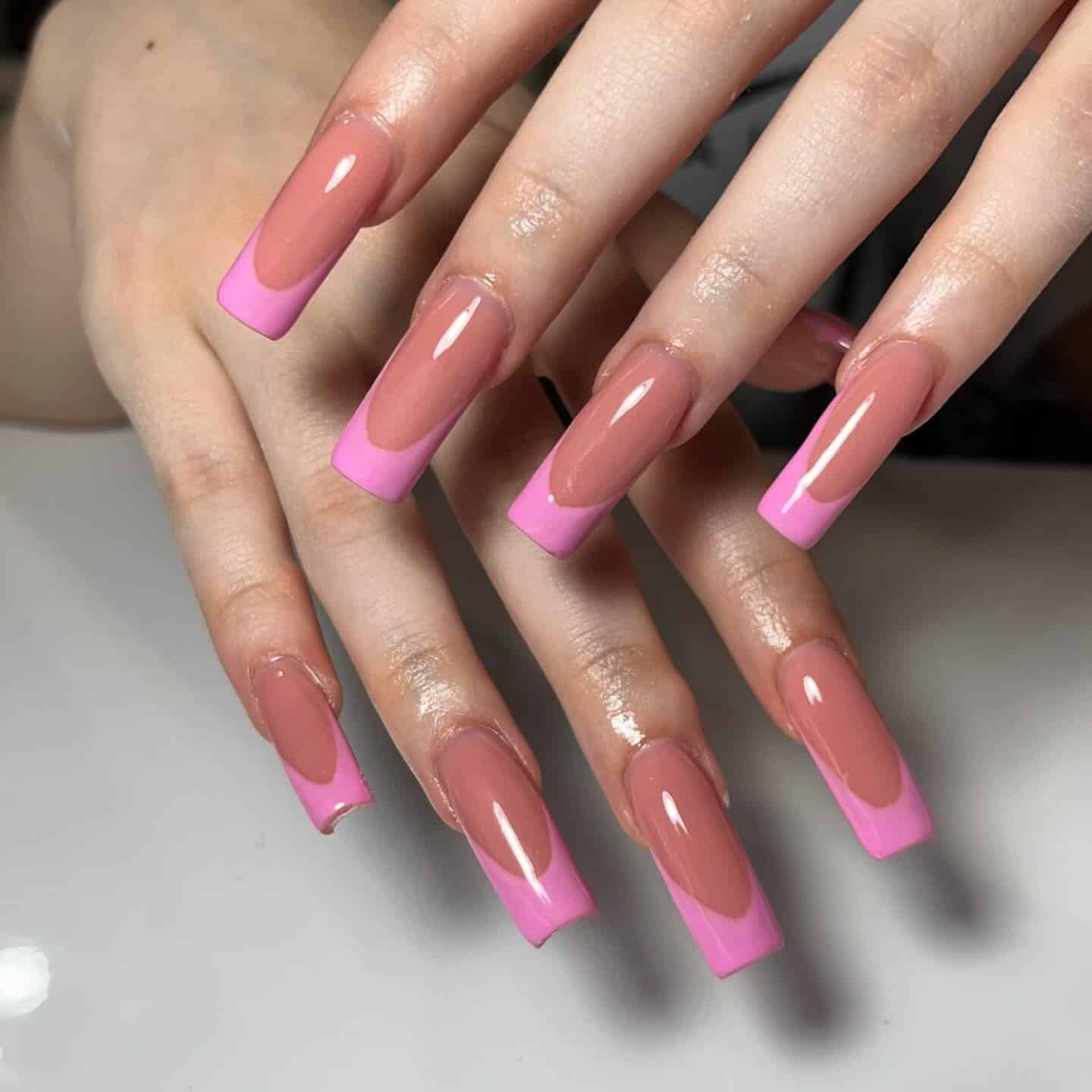 7. Square French Tip Nails in Nude and Bubblegum Pink - love nail ideas