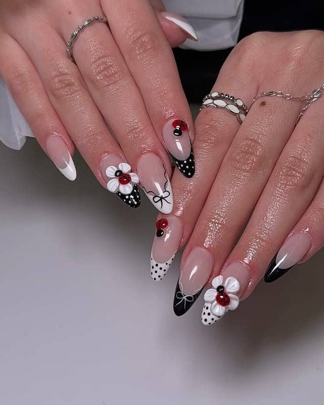 11. Graphic French Almond Nails in Nude, Black, and Red - love nail ideas