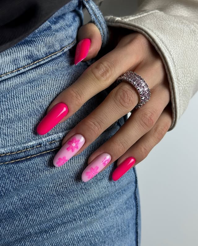 18. Pink Almond Nails with Floral Accent Art - love nail ideas