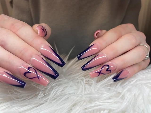 19. Navy French Coffin Nails with Heart Line Art - love nail ideas