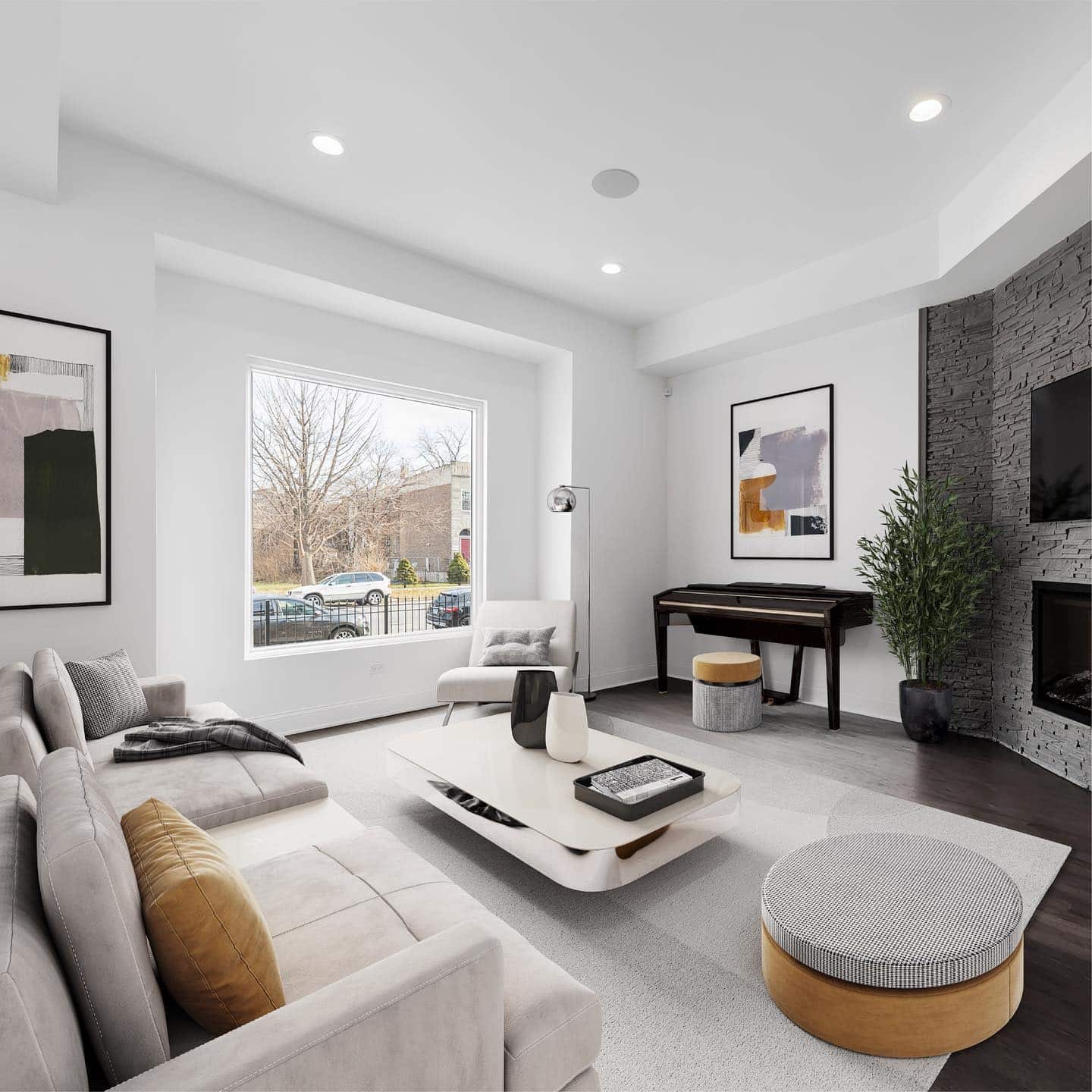 1. Modern Light-Filled Gray and White Living Room - gray and white living room ideas