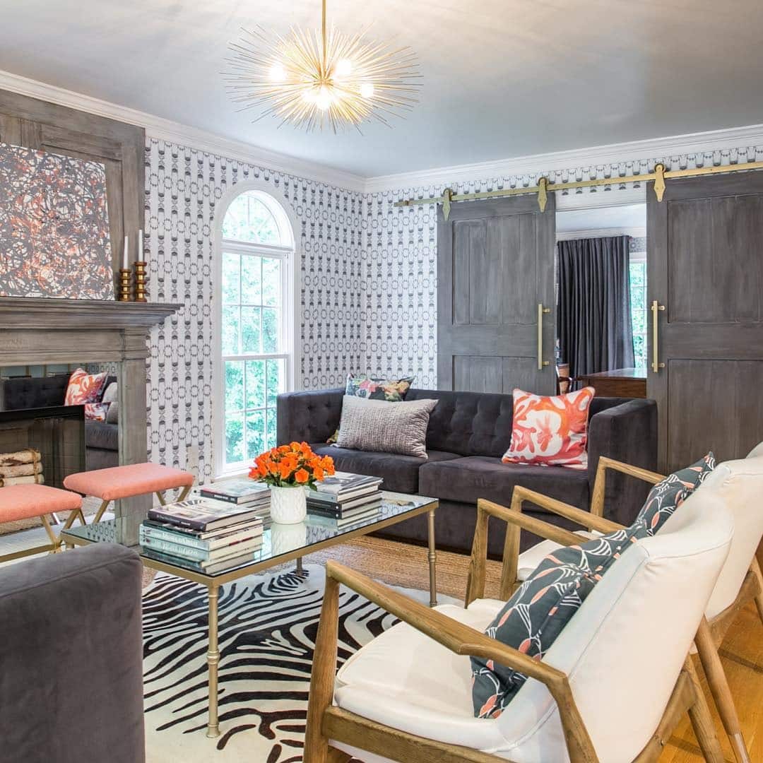 3. Transitional Gray and White Living Room with Pattern Play - gray and white living room ideas