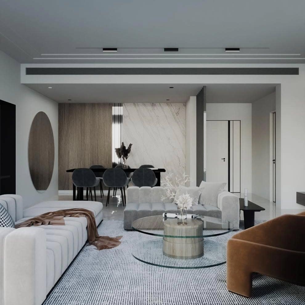 6. Minimalist Gray and White Living Room with Natural Texture - gray and white living room ideas